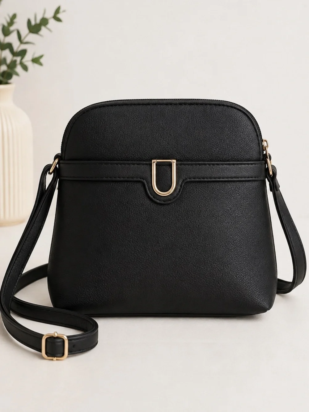 Black Crossbody Bag Faux Leather Shoulder Purse Gold Hardware